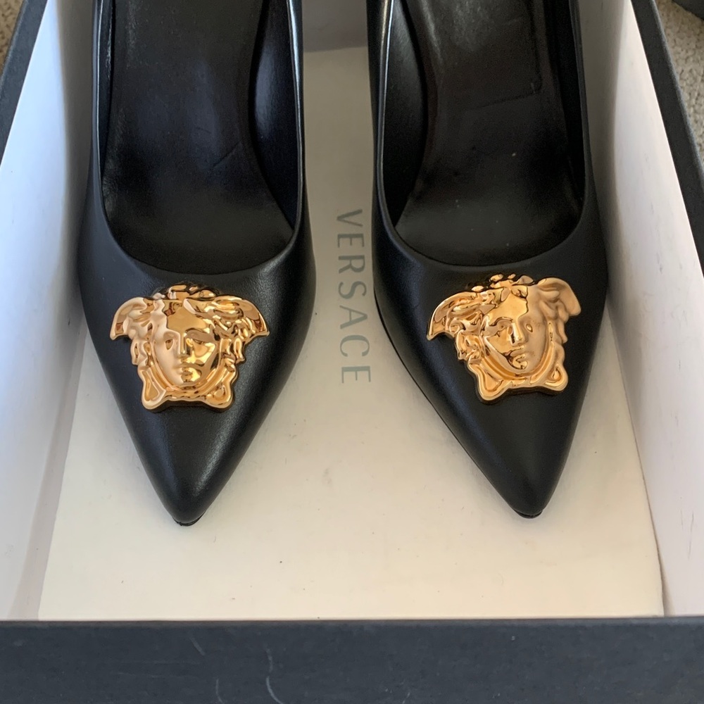 Versace Black Pumps with Gold Medusa Accent - Picture 3 of 6